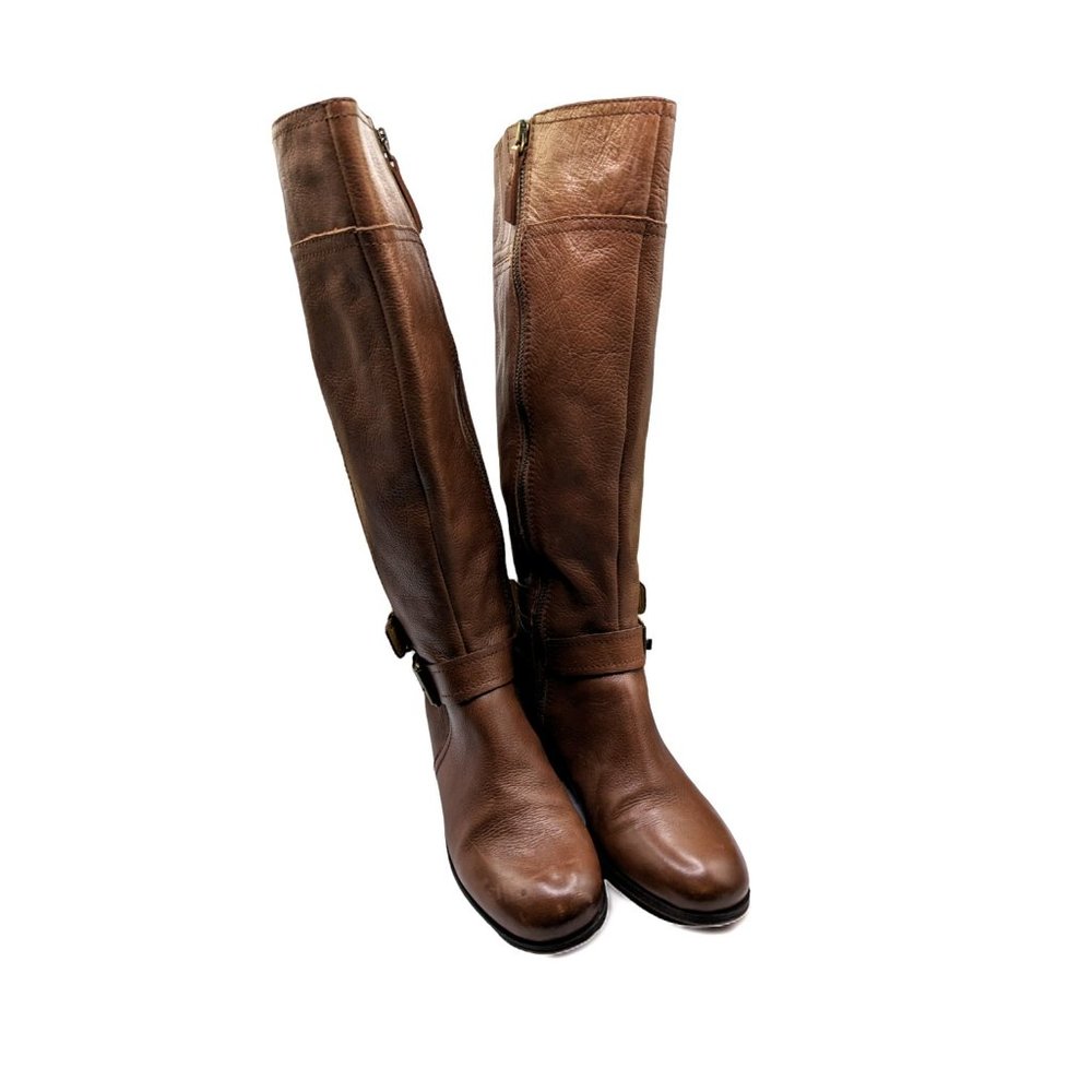 Nine West DK Natural Brown Pebble Leather Tall Full Zip Boots Shoes 6.5 - Picture 2 of 14